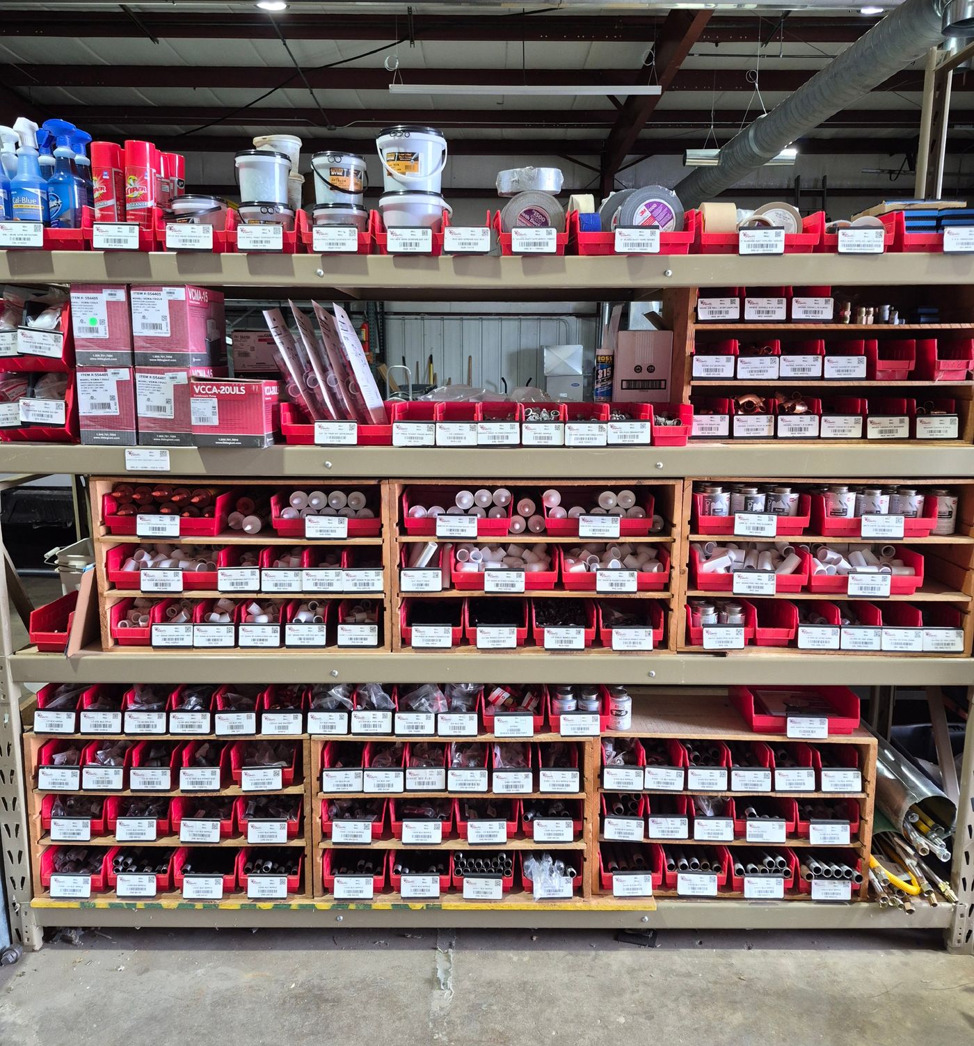 Republic crib shelving stocked with mechanical and electrical products